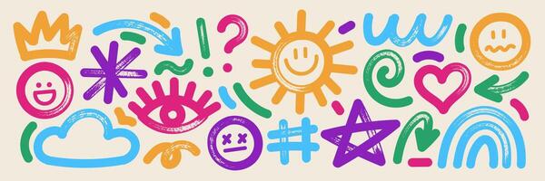 Set of hand drawn elements with brush, marker or crayon texture. Grunge cloud, sun, rainbow and eye for design. Retro illustration. vector