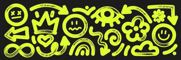 Set of arrows, eye and flower with brush, marker or crayon texture. Sad, happy and angry emoticon for design. Yellow illustration isolated on a blackboard. vector