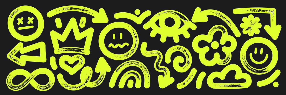 Set of arrows, eye and flower with brush, marker or crayon texture. Sad, happy and angry emoticon for design. Yellow illustration isolated on a blackboard.