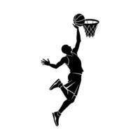 Silhouette of a basketball player dunking with power and agility. Perfect for sports posters, apparel, branding, and digital designs. vector