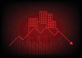 Real estate critical crisis concept. House and resident with dropdown red graph and bar chart. vector