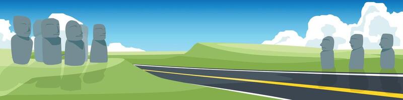 Stylized landscape with a winding asphalt road leading into the distant. Moai statues stand on either side of the road. backdrop of green hills and a bright blue sky with white clouds. vector