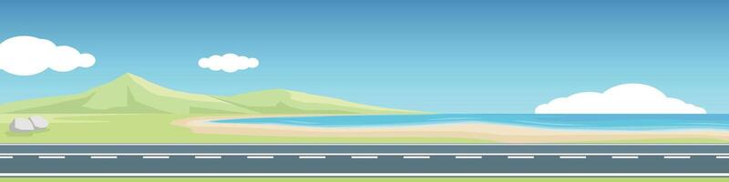 Horizontal or Lanscape view of asphalt road. A long road cuts through the beach. Open grasslands reveal the distant mountains clearly. Under clear sky and white clouds. vector