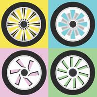 Icon of grid of four stylized car wheels each with a unique spoke design and color scheme. The wheels are set against contrasting square backgrounds creating a bold. vector