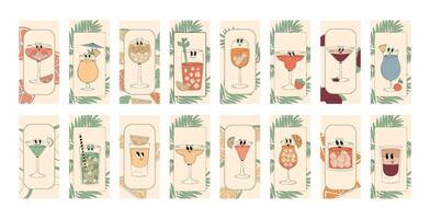 Retro groovy characters summer cocktails. Trendy psychedelic label or tag set with popular alcoholic beverages in groovy 70s, 80s style. illustration vector