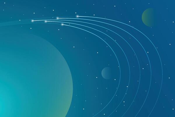 Light techno planets in space with cyber light trails. Circuit line technology digital on a blue background. Internet network connection, speed transfer data communication, cyber nano information.
