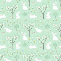 Easter seamless repeat pattern with cute hand drawn rabbits on green background vector