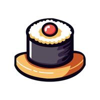 a sushi illustration featuring salmon nigiri, maki rolls, chopsticks, and sparkles in a flat style. vector