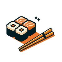 sushi illustration featuring salmon nigiri, maki rolls, chopsticks, and sparkles in a flat style. vector