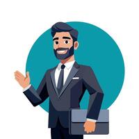 A confident businessman in a teal suit with a yellow tie holds a black briefcase while gesturing with his other hand. He has a friendly smile. vector