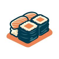 Minimalist sushi illustration featuring salmon nigiri, maki rolls, chopsticks, and sparkles in a flat style. vector