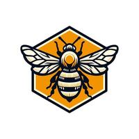A detailed illustration of a bee with wings spread, placed over a hexagonal honeycomb background. vector