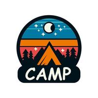 A minimalist camping badge design featuring a tent, pine trees, mountains, and a night sky with stars and moon. vector