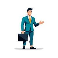 A confident businessman in a teal suit with a yellow tie holds a black briefcase while gesturing with his other hand. vector
