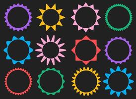 Set of colorful circle wavy ink drawn frames. Zigzag wavy edges, psychedelic photo frames, text boxes, tags. Abstract elements for template, stickers, promo material, web or social media design vector
