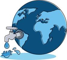 blue world globe with tap with drop of water flowing for water day illustration, Earth with water conservation, Water dripping from tap art, Globe with faucet, Earth with leaking tap vector