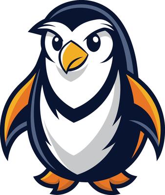 Stylized cartoon penguin logo, minimalist design, navy blue and white body, orange accents, determined expression