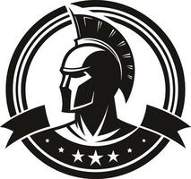 Ancient Greek warrior, Spartan helmet, profile view, black and white logo, circular emblem, banner with stars, minimalist design vector