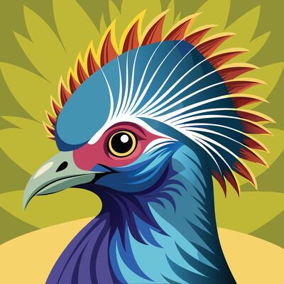 Vibrant stylized bird portrait, exotic crested fowl, geometric art style, bold colors, blue and purple plumage, red crest, sharp beak, striking yellow eye
