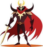 Fantasy warrior, horned helmet, red cape, sword, stylized armor, dark color palette, minimalist design, comic book style vector