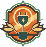 Stylized logo design, electrical plug icon, lightning bolt symbol, green and orange color scheme, retro badge shape, geometric patterns, leaf motifs, energy efficiency concept vector