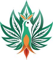 Stylized peacock logo, geometric bird design, green and orange color scheme, symmetrical leaf-like feathers, minimalist avian emblem, botanical elements vector