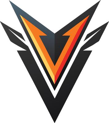 geometric logo, sharp angles, V-shape, abstract, symmetrical, bold colors, black and orange, dynamic, modern design, triangular elements, sleek, minimalist