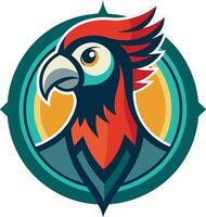 Stylized parrot logo, vibrant colors, geometric shapes, circular frame, teal background, red feathers, yellow eye, sharp beak, modern design, art vector