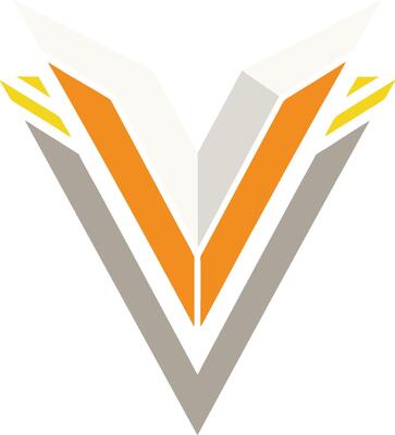 Abstract geometric logo, V-shape, orange and gray colors, sharp angles, minimalist design, symmetrical composition