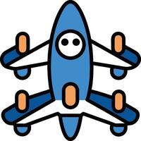 Cartoon airplane icon, simplified design, blue and orange color scheme, four wings, large circular eyes, cute character style vector