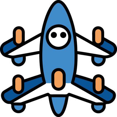Cartoon airplane icon, simplified design, blue and orange color scheme, four wings, large circular eyes, cute character style
