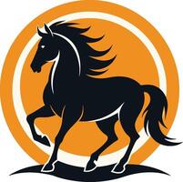 Horse silhouette, black stallion, dynamic pose, flowing mane, orange circular background, graphic design style, art, minimalist, bold contrast, sleek lines vector