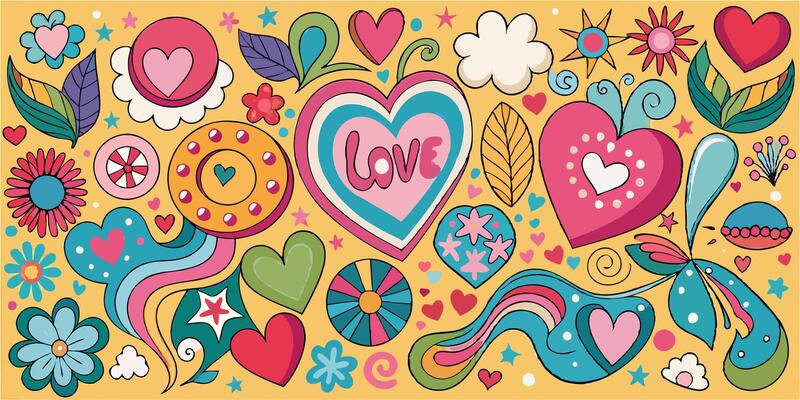 Colorful love-themed doodles, retro psychedelic style, hearts and flowers, vibrant colors, yellow background, whimsical patterns, hand-drawn aesthetic, rainbow swirls