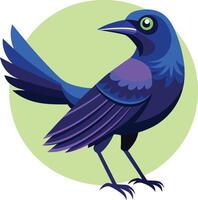 Stylized bird illustration, vibrant blue and purple feathers, sharp beak, bright green eye, geometric shapes, simplified design vector