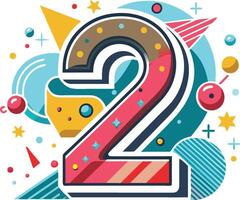 Colorful number 2, geometric shapes, playful design, vibrant colors, yellow triangle, red stripes, teal circles, golden stars, pink accents, polka dots, retro style vector