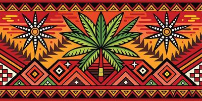 Vibrant African textile pattern, colorful geometric shapes, palm tree motif, tribal design, symmetrical layout, bold contrasting colors, red orange yellow green vector