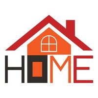 Logo design, house icon, stylized text, red roof, orange facade, arched window, minimalist, geometric shapes vector