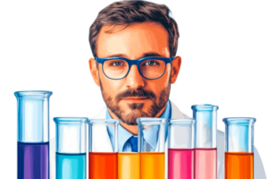 Young scientist with colored test tubes in laboratory setting png