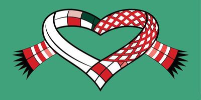Heart-shaped scarf, red and white patterns, checkered design, gingham print, striped ends, frayed edges, geometric shapes vector