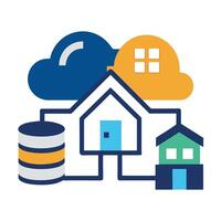 Cloud computing, smart home technology, data storage, connected devices, Internet of Things, residential network, stylized icons vector