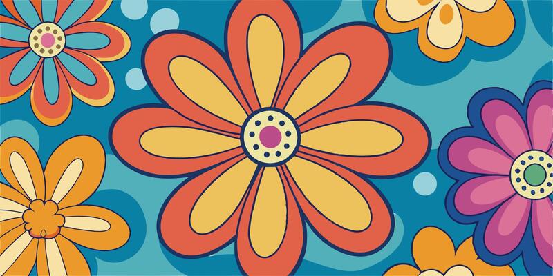 Retro flower pattern, vibrant colors, teal background, orange and yellow daisies, purple flower, 1960s style, psychedelic art