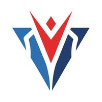 Logo design, geometric shapes, red V shape, blue triangles, white background, minimalist, abstract, symmetrical, corporate identity, modern vector