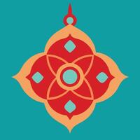 Ornate geometric pattern, Islamic-inspired design, vibrant red and peach colors, turquoise background, symmetrical floral motif, abstract lotus shape vector