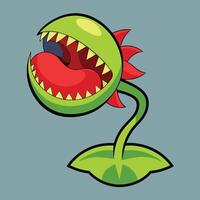 Cartoon carnivorous plant, Venus flytrap style, bright green body, large red mouth, sharp yellow teeth vector