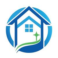 Logo design, abstract house icon, circular shape, blue and white color scheme, green leaf accent, minimalist vector