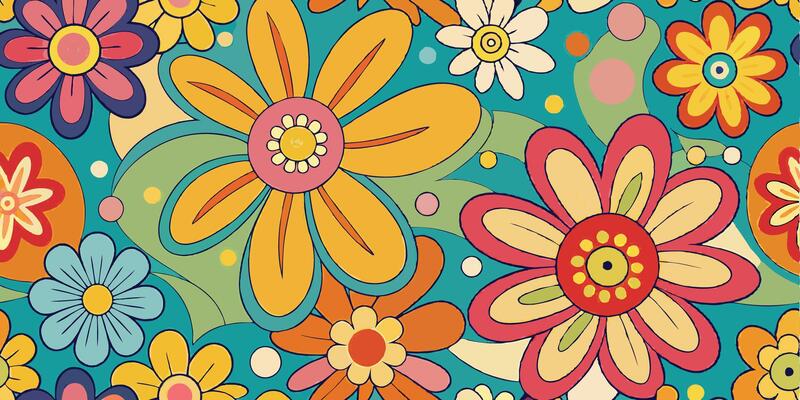 Colorful retro flower pattern, vibrant floral design, 1960s inspired, psychedelic art, bold colors, yellow and pink daisies