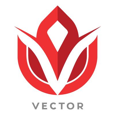 Red geometric logo, stylized lotus shape, abstract floral design, minimalist emblem, sharp angular forms, symmetrical composition