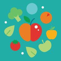 Flat design, vibrant fruits and vegetables, turquoise background, colorful geometric shapes, minimalist illustration vector