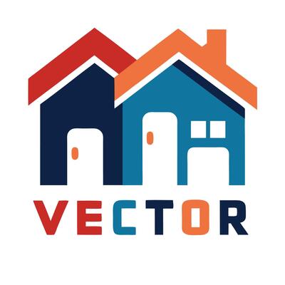 Logo design, geometric houses, overlapping shapes, bold colors, red orange blue navy, minimalist architecture, real estate icon, graphic, clean lines, modern typography