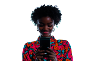 Woman smiling while using smartphone with colorful attire png